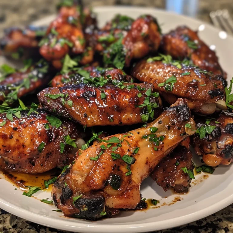 Close-up of juicy chicken wings drizzled with barbecue sauce.
