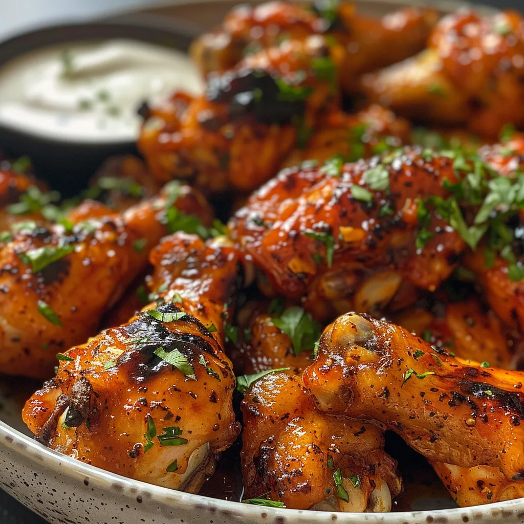 Golden-brown chicken wings with a sprinkle of parsley and dipping sauce.