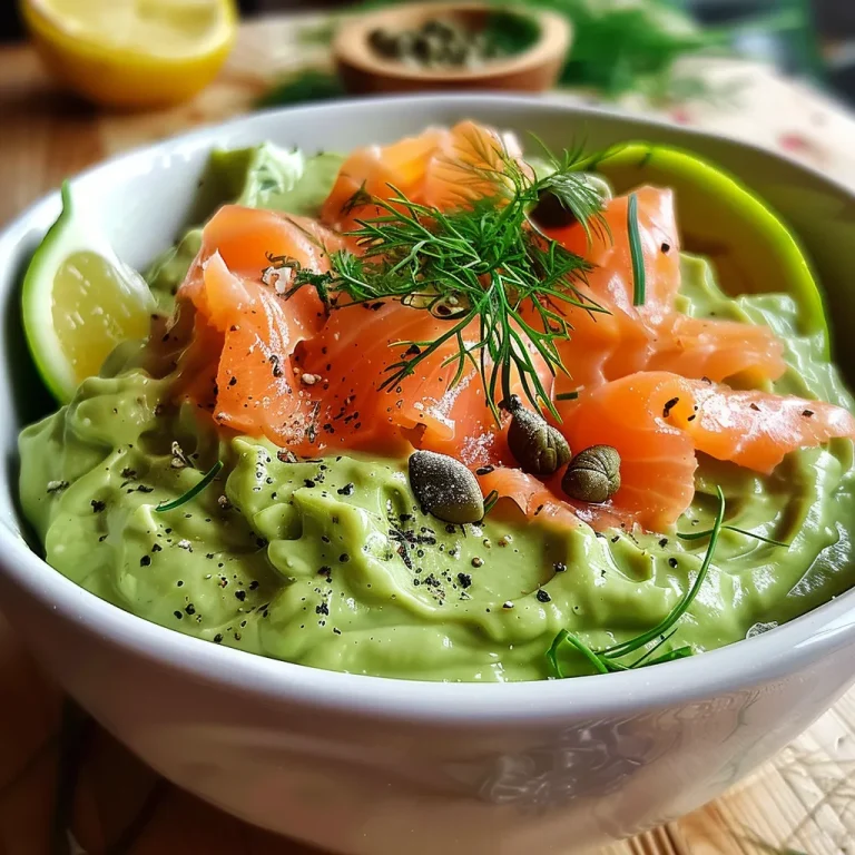 Close-up view of creamy avocado mousse topped with slices of smoked salmon and garnished with dill.