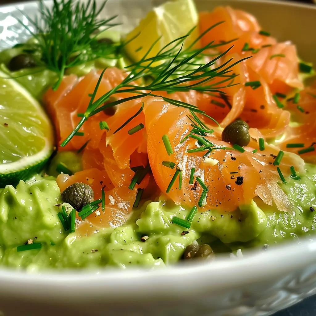 Side perspective of avocado mousse served with Christmas smoked salmon, showcasing vibrant colors and textures.
