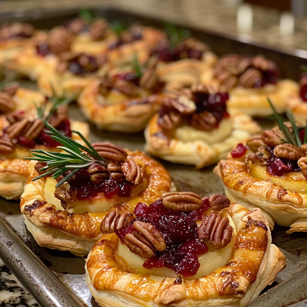 Close-up view of puff pastry filled with melted brie and cranberry sauce, garnished with rosemary.