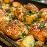 Juicy Baked Garlic Parmesan Chicken pieces alongside golden cubes of roasted red potatoes.