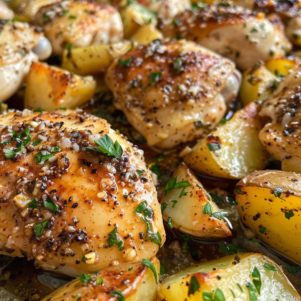 Close-up view of tender chicken and potatoes garnished with garlic and parmesan.