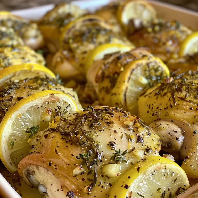 Close-up of juicy baked chicken thighs garnished with herbs and lemon slices.
