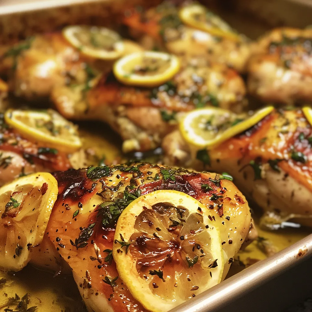 Side view image of golden-brown lemon herb chicken thighs on a plate.
