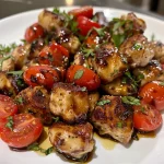 Juicy Balsamic Chicken Bites with cherry tomatoes and mozzarella pearls.