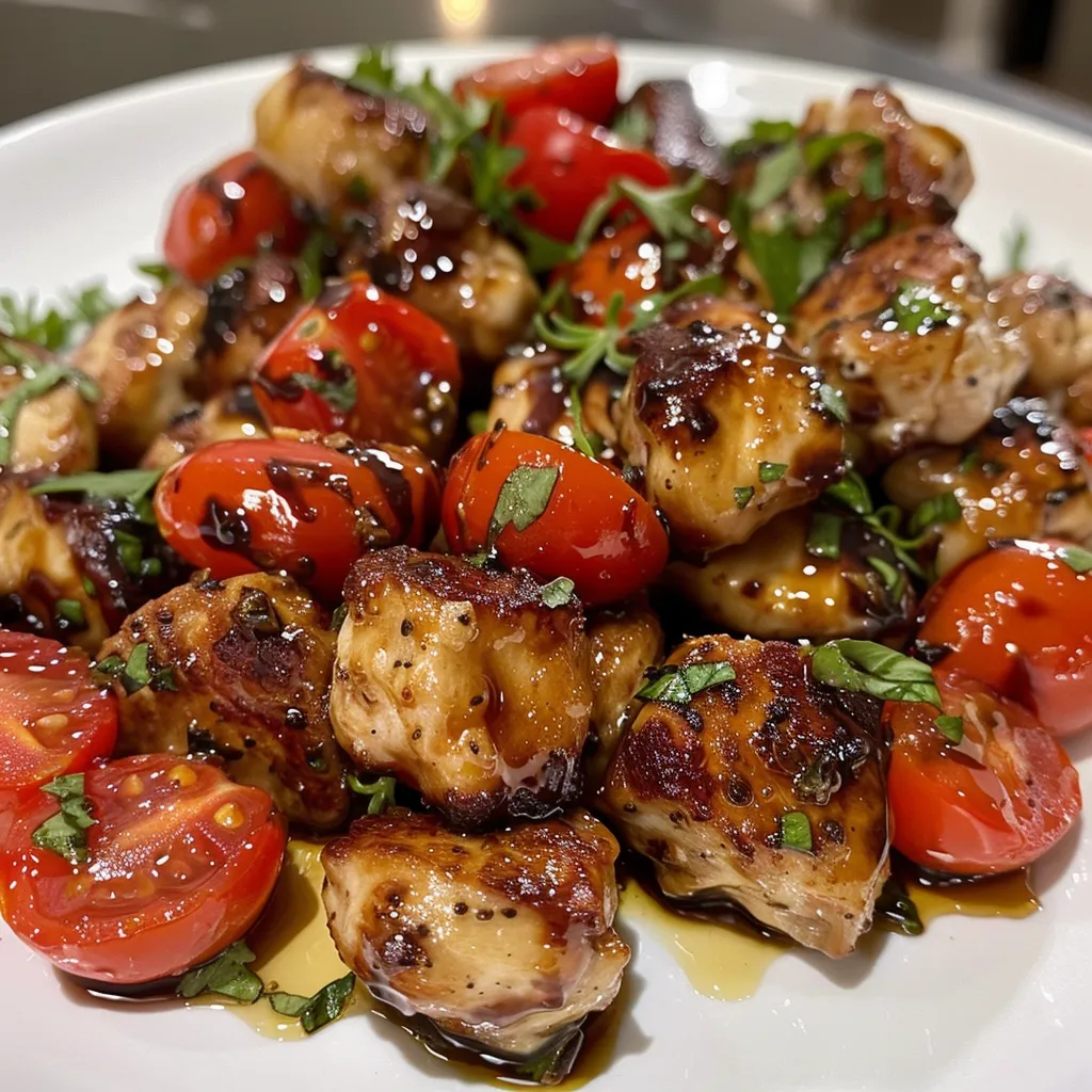 Juicy Balsamic Chicken Bites with cherry tomatoes and mozzarella pearls.