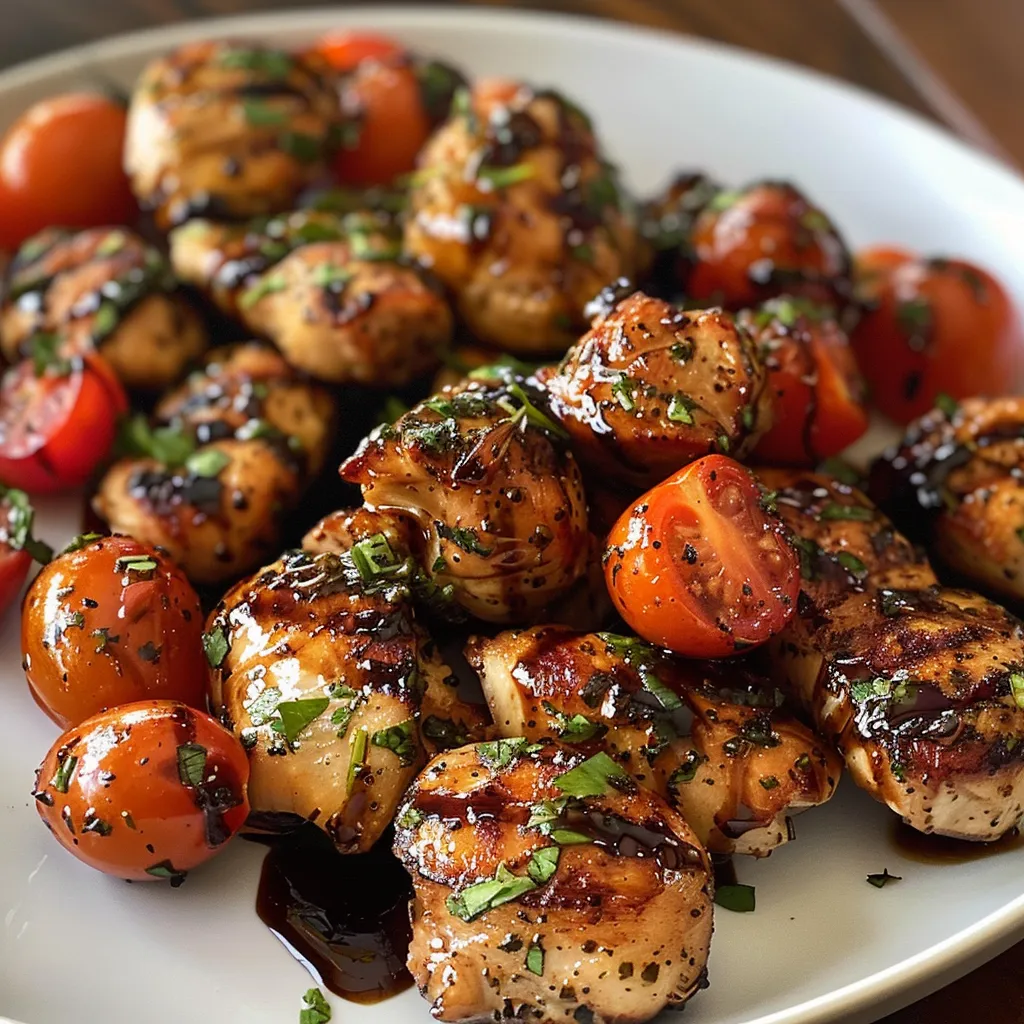 Close-up view of tender chicken bites drizzled with balsamic glaze.
