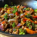 Close-up view of a colorful Beef and Veggie Skillet with a variety of fresh ingredients.