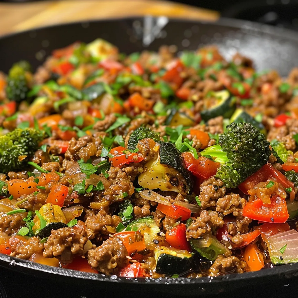 Juicy ground beef mixed with vibrant vegetables in a skillet, garnished with parsley.