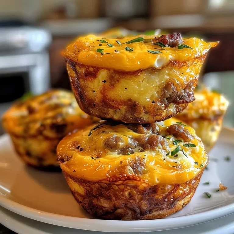 Close-up view of delicious breakfast egg muffins filled with sausage and cheddar cheese.