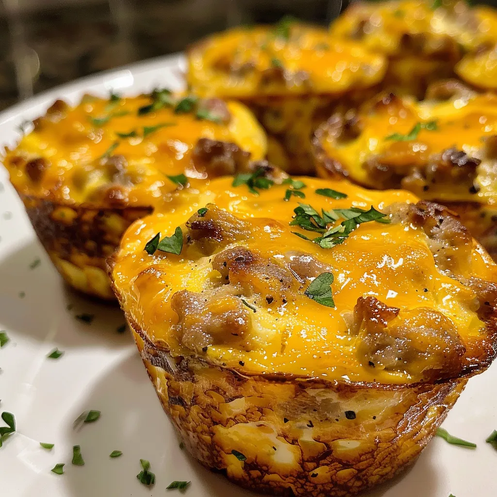 Side view of golden-brown egg muffins showcasing sausage and melted cheddar.