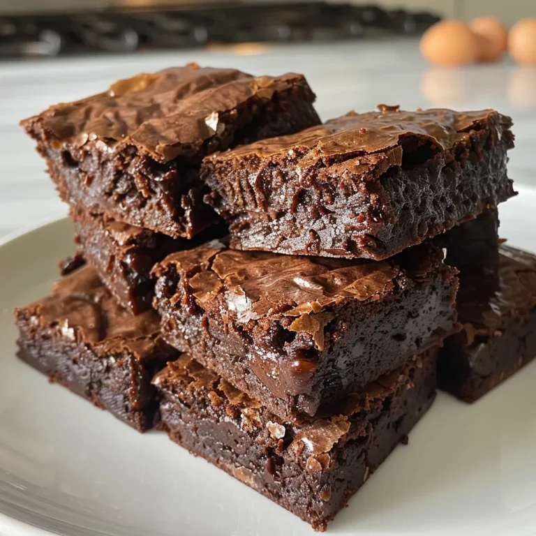 Close-up view of moist, chocolatey brownies with a shiny crust.