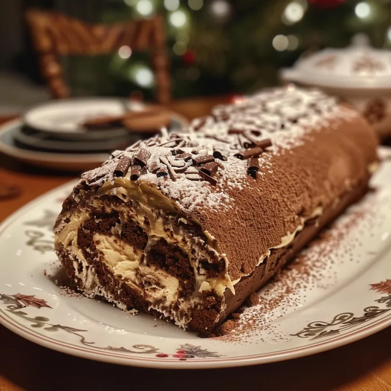 Close-up of a beautifully decorated Buche de Noel with chocolate frosting.
