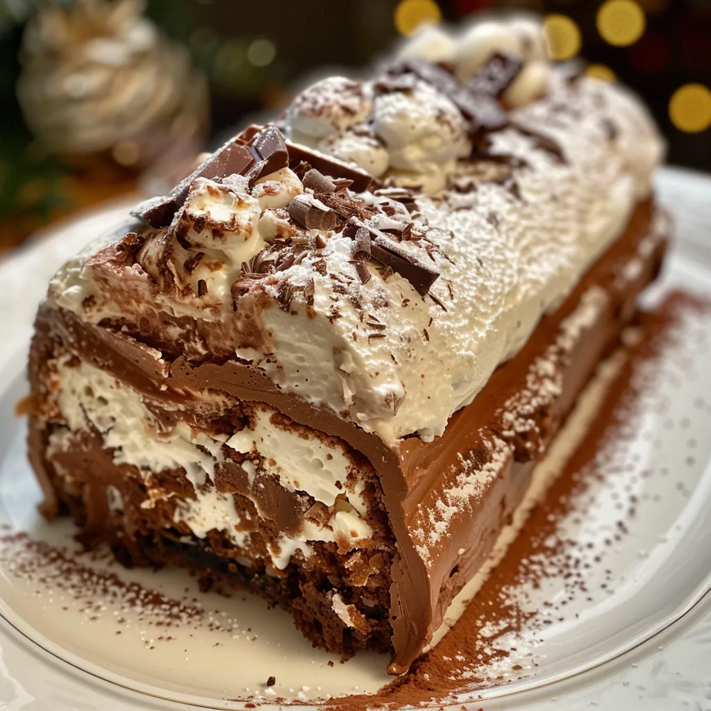Side view of a Yule Log cake featuring rich chocolate and festive decorations.