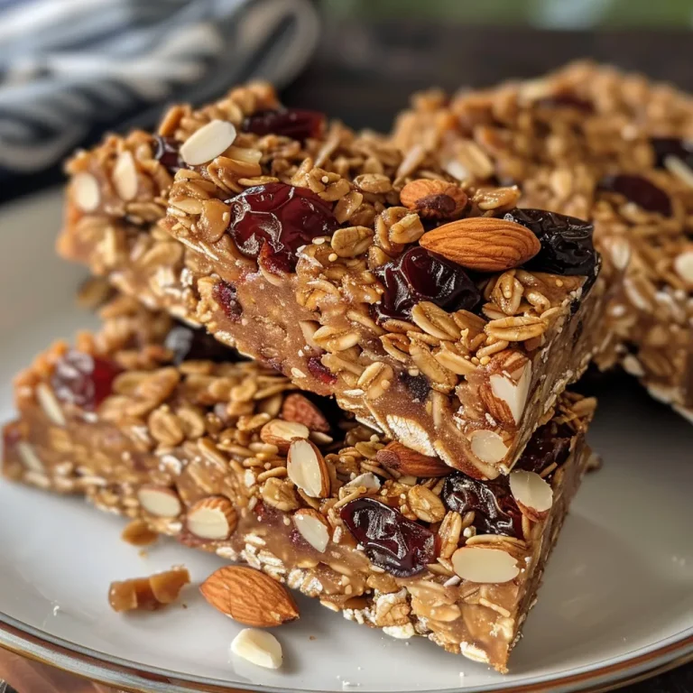 Close-up of Cherry Almond Granola Bars with almonds and cherries visible.