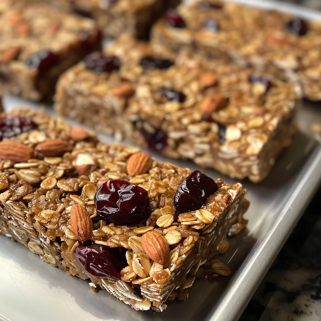 Side view of granola bars showcasing layers of oats, nuts, and dried fruit.