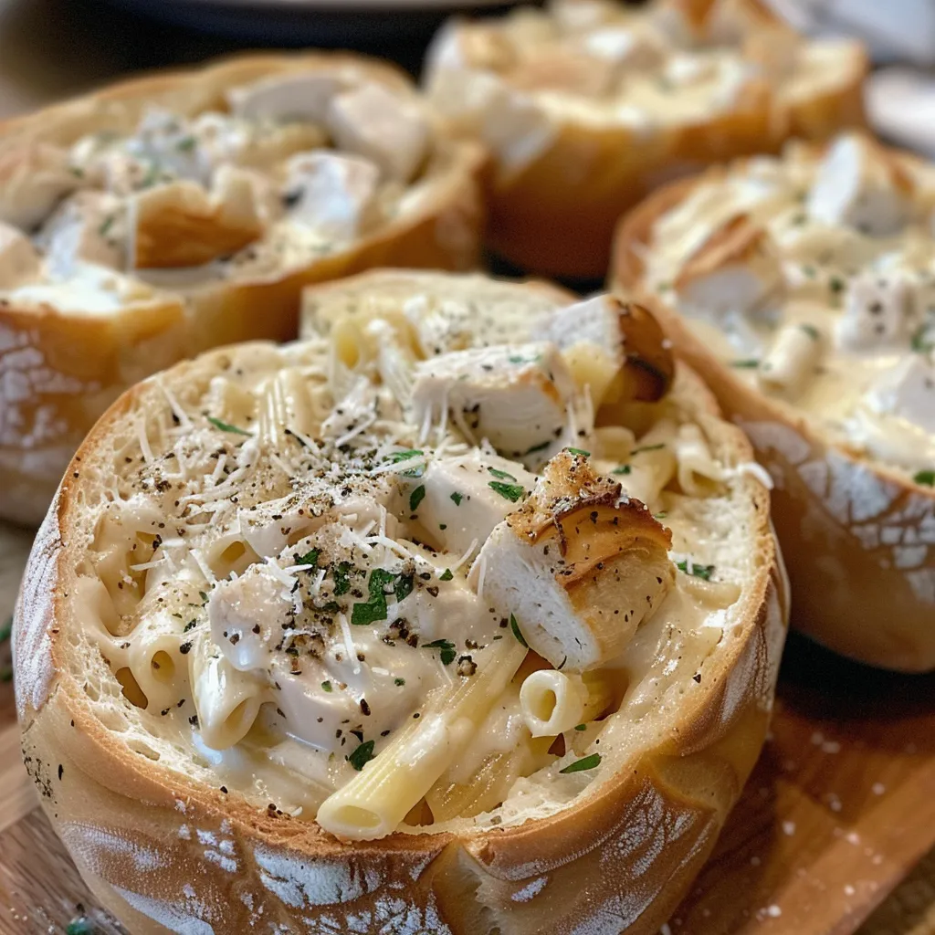 Side view of a Chicken Alfredo Garlic Bread Bowl, showcasing the creamy pasta and bread.