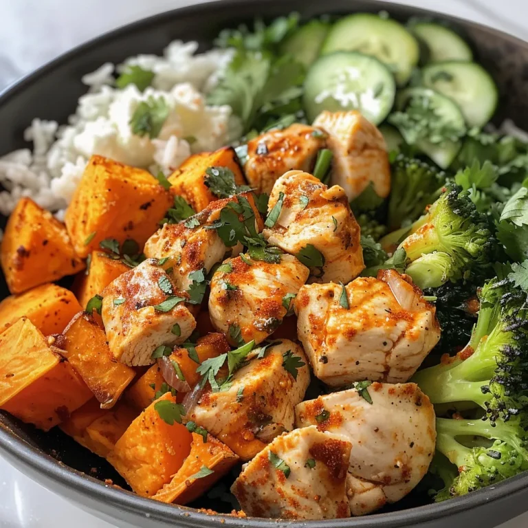 A close-up view of a Chicken and Sweet Potato Bowl featuring diced chicken and cubes of sweet potato.