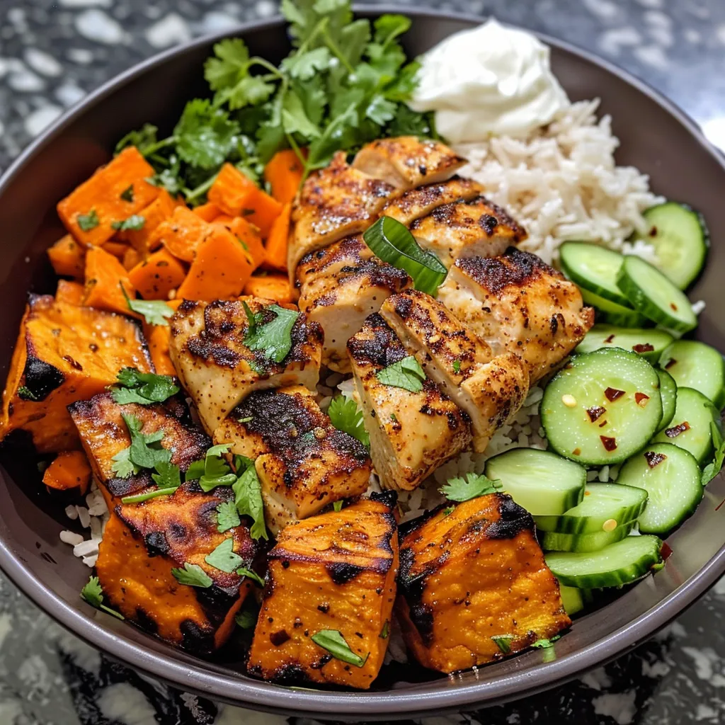 Side angle of a vibrant Chicken and Sweet Potato Bowl filled with colorful ingredients and a dollop of sauce.
