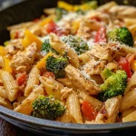 Close-up of Chicken and Vegetable Penne Alfredo with chicken pieces and colorful vegetables.