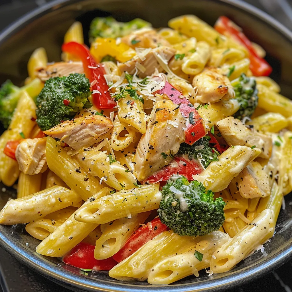 Side view of a creamy Chicken and Vegetable Penne Alfredo dish featuring pasta and broccoli.