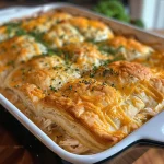 Close-up of a delicious chicken crescent roll casserole with a flaky crust.