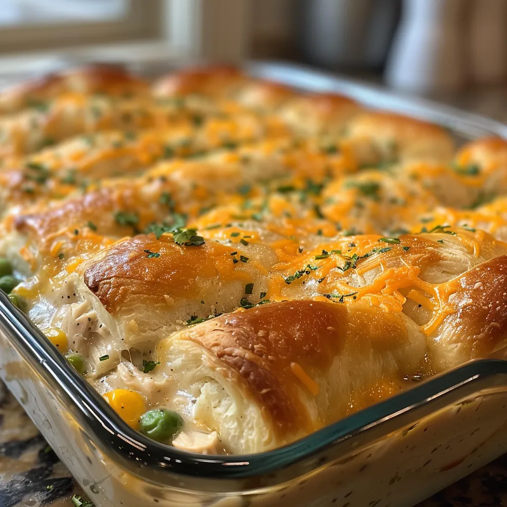 Side view of a golden-brown chicken crescent roll casserole garnished with vegetables.