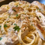A close-up side view of Chicken Fettuccine Alfredo featuring tender chicken and creamy sauce.