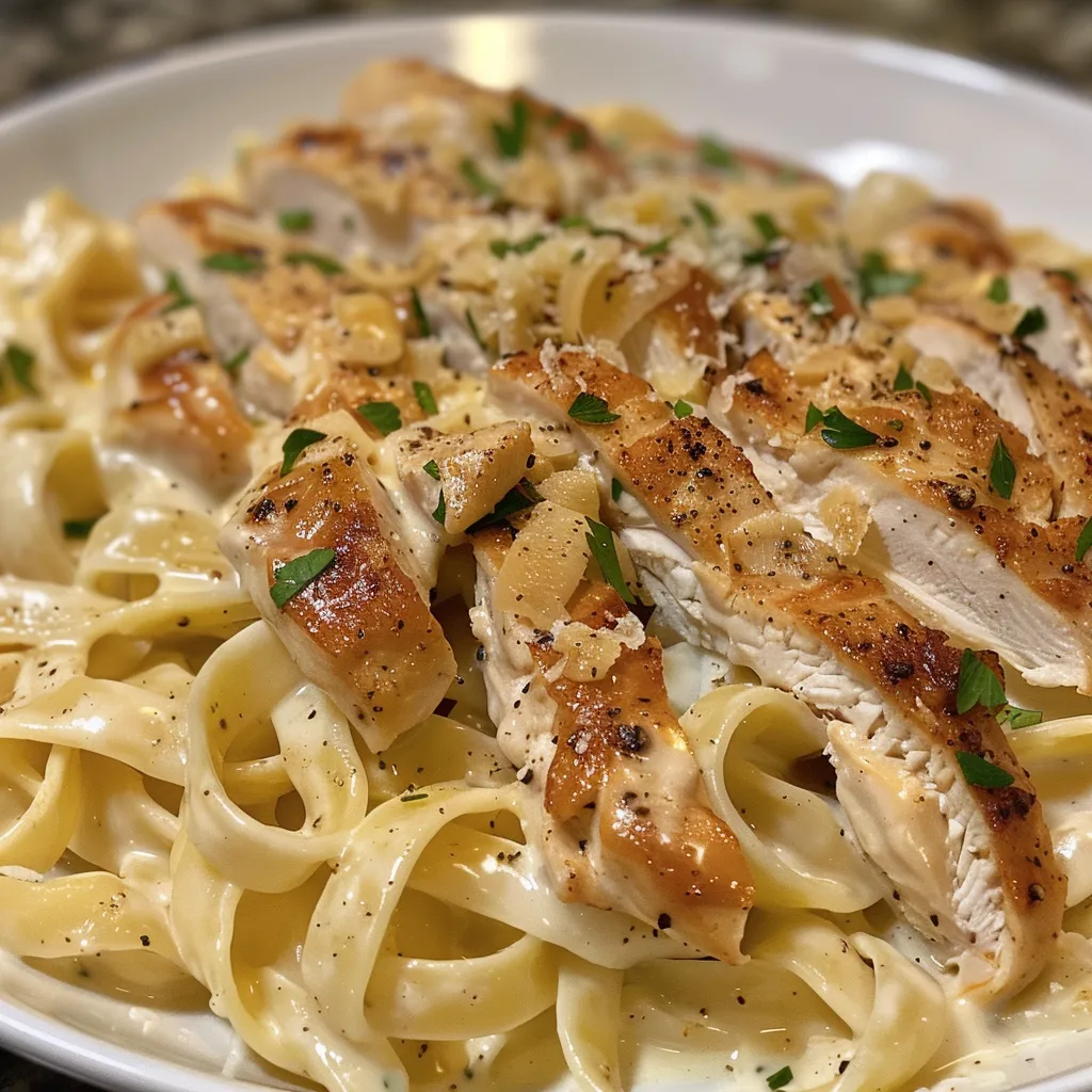 Juicy Chicken Fettuccine Alfredo displayed in a bowl, garnished with fresh parsley.