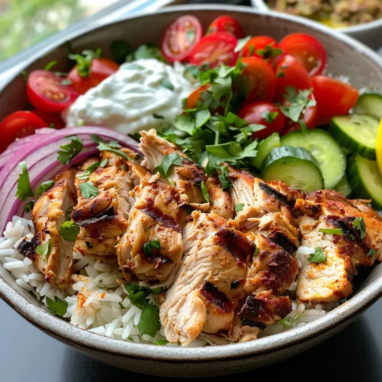 Close-up of a Chicken Shawarma Bowl featuring juicy chicken, fresh vegetables, and rice.