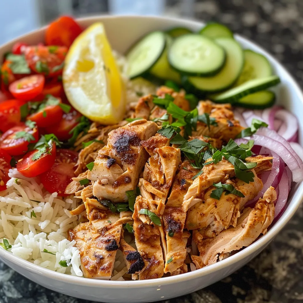 Side view of a colorful Chicken Shawarma Bowl with chicken, salad, and sauces.