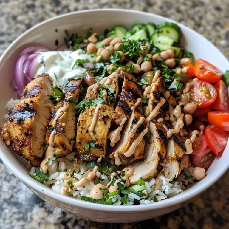 A close-up side view of a Chicken Shawarma Rice Bowl showcasing juicy chicken thighs over fluffy Basmati rice with colorful fresh toppings.