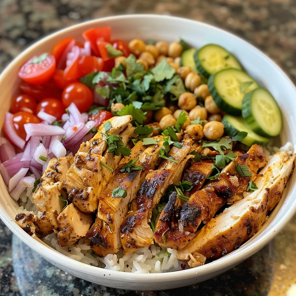 A vibrant Chicken Shawarma Rice Bowl filled with marinated chicken, cucumbers, cherry tomatoes, and herbs, presented in a white bowl.