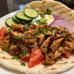 Close-up view of juicy chicken shawarma wrapped in pita, drizzled with creamy garlic sauce.