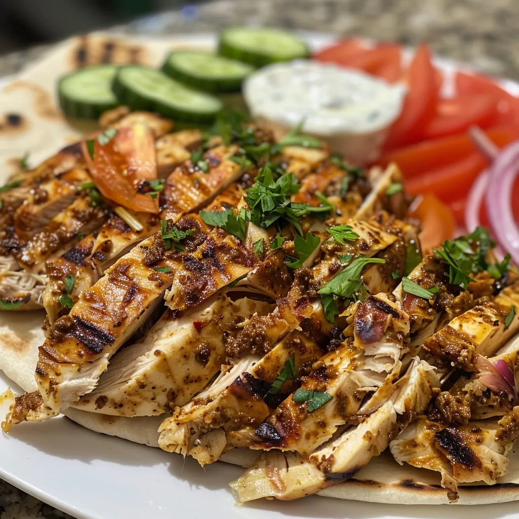 Side shot of a succulent chicken shawarma served with fresh veggies and creamy dressing.