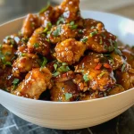 Juicy Chinese Honey Garlic Chicken thighs garnished with sesame seeds.