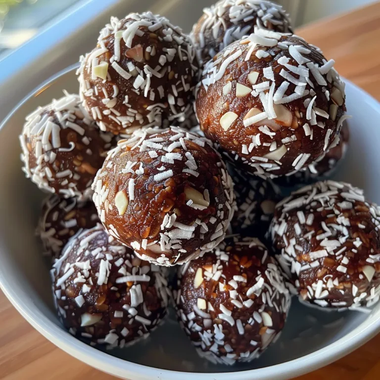 Close-up view of chocolate coconut energy balls with a shiny surface.