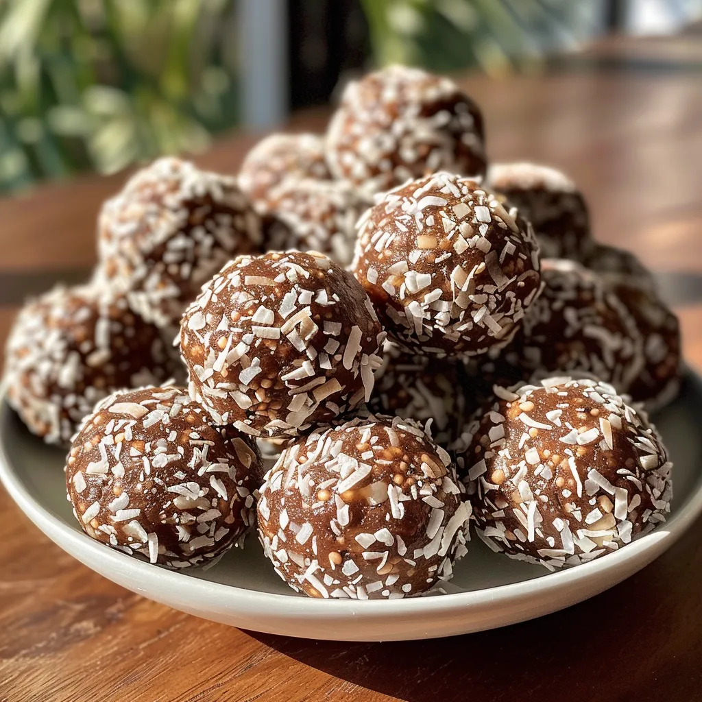 Side view of rich chocolate coconut energy balls on a wooden background.