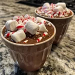 Close-up view of chocolate hot cups filled with melted chocolate and topped with candy canes and mini marshmallows.