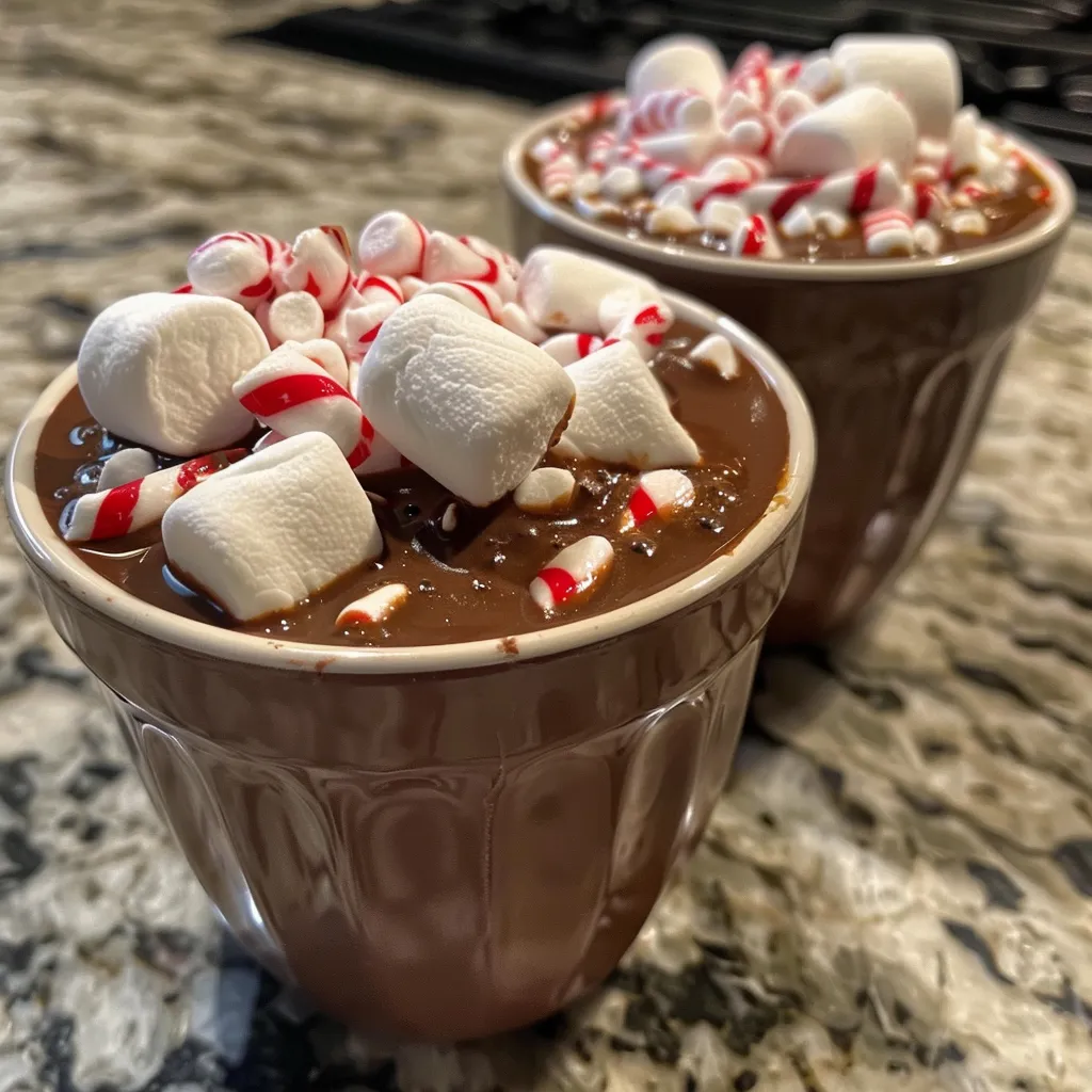 Close-up view of chocolate hot cups filled with melted chocolate and topped with candy canes and mini marshmallows.