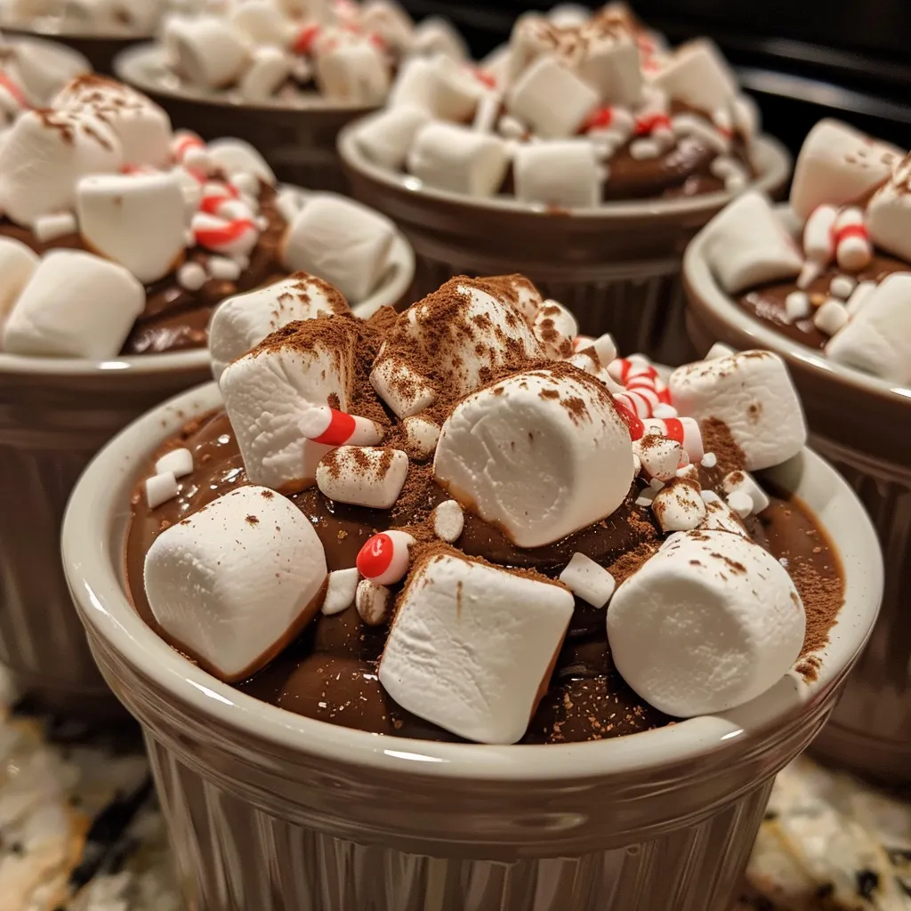 Side view of a disposable cup brimming with rich, melted chocolate and festive toppings like crushed candy canes.