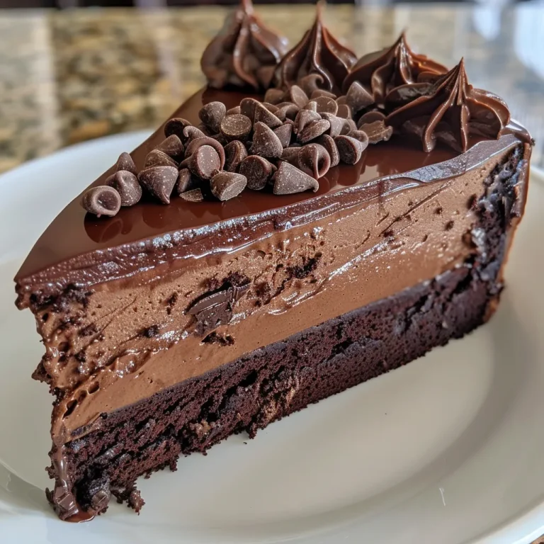 A close-up side view of a rich chocolate mousse cake with a glossy finish.