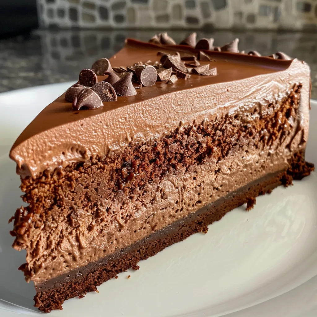 Layered chocolate mousse cake with a smooth top and a decadent texture.