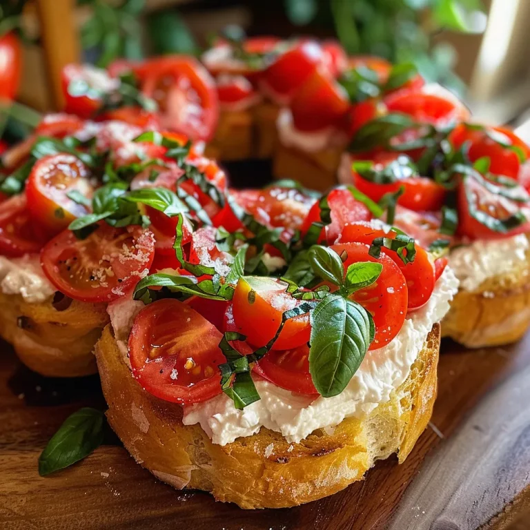A close-up view of a Christmas bruschetta wreath featuring sliced bread topped with diced tomatoes and basil.