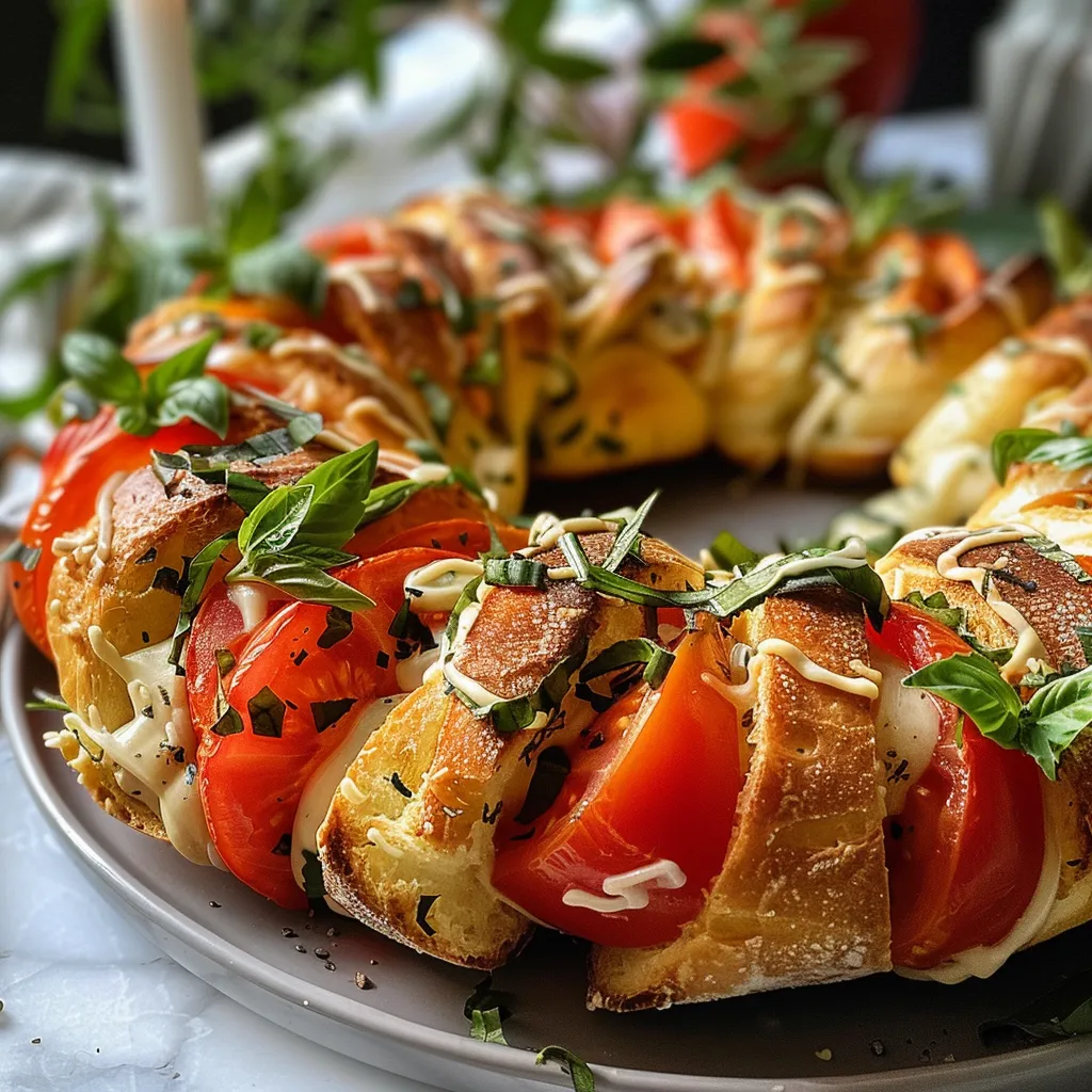 A side view of a festive bruschetta wreath showcasing creamy cheese and fresh herbs on crispy bread.