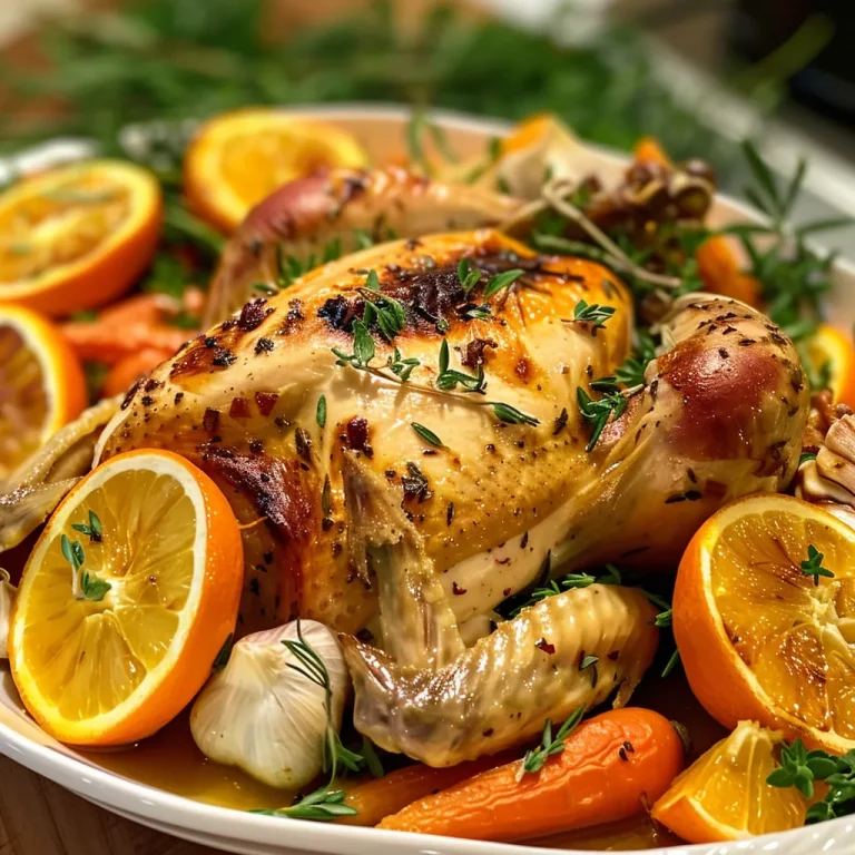 Juicy roast chicken with orange slices and herbs.