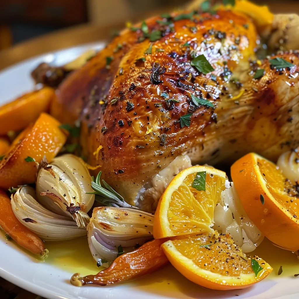 Close-up view of a festive roast chicken garnished with fresh herbs.