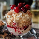 A close-up side view of a coconut dessert in a glass topped with cherries.