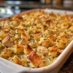 Close-up view of a juicy chicken casserole with a golden topping.